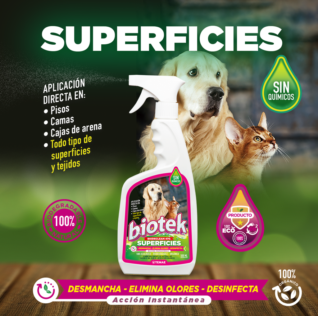 Limpiador y Eliminador de Olores Biotek Superficies Mascotas 500 Ml